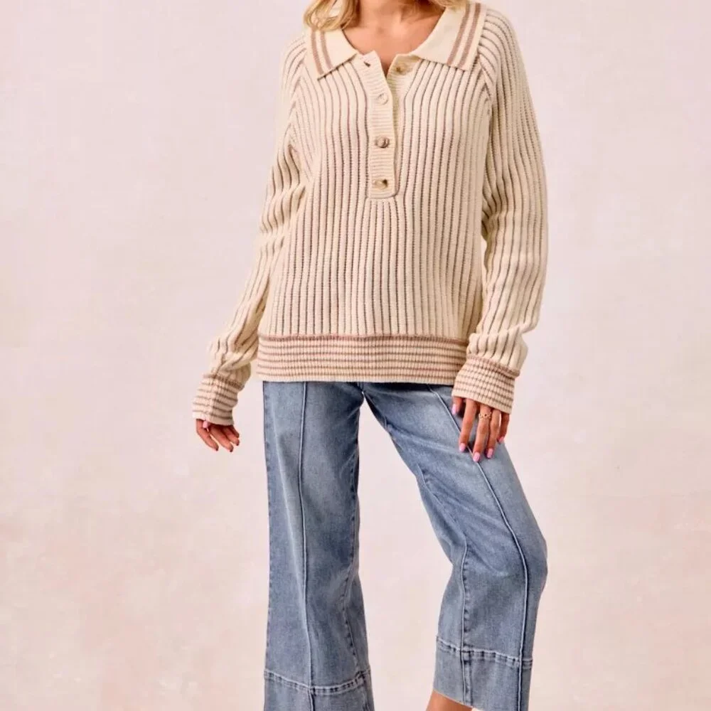 BiBi Half Button Ribbed Two Tone Sweater - Picture 16 of 16